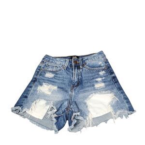 Simple Society Button Zip Light Wash Blue Jean Denim Distressed Shorts sz 00/23‎